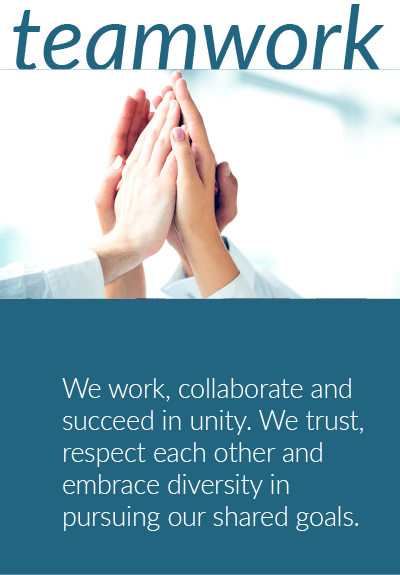 Teamwork - We work, collaborate and succeed in unity, believing and trusting each other in pursuing our shared goals. We embrace a philosophy of openess in acknowledging differences of opinions, cultures and contributions among all team members, treating all with respect.
